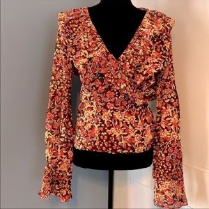 NWOT Free People Amanda Ruffle Blouse-
Brown Floral- Size XL